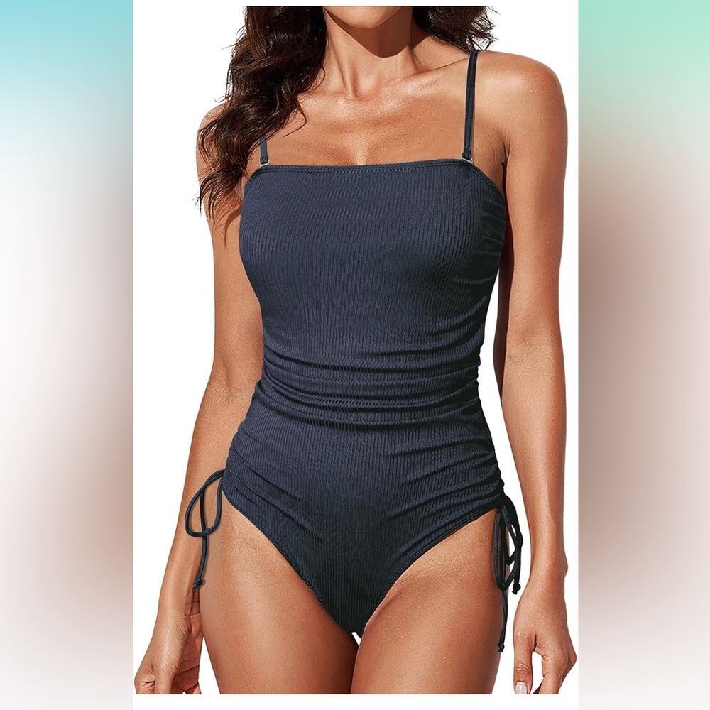 🚘Ribbed Fabric Swimsuit tummy control cheeky tie side high cut rushed black/blue